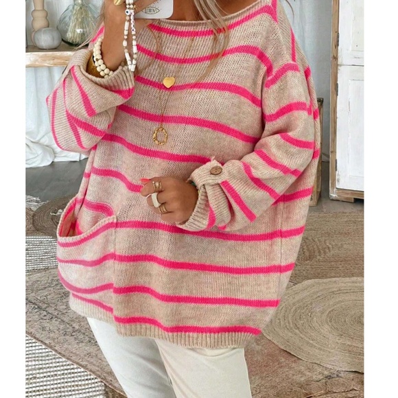 Sweaters - Cozy Striped Pocket Loose Fit Sweater Top